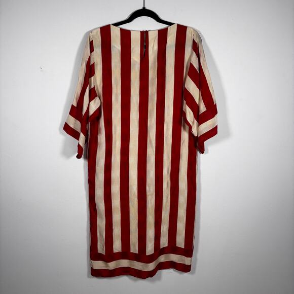 Vintage 1980s Flora Kung Silk Red White Striped Dress Damask Wounded Bird AS IS - Picture 14 of 16